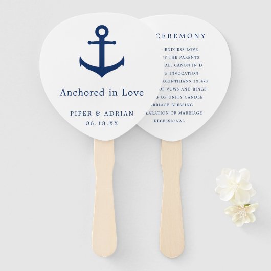 Éventail Élégant programme de mariage bleu marine ancre nau (Devant et derrière)
