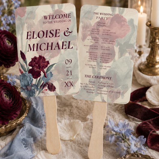 Éventail Élégant programme de mariage bordeaux et bleu pous