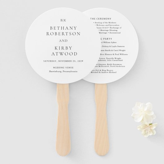 Éventail Élégant programme de mariage classique noir et bla (Devant et derrière)