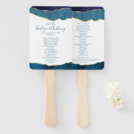 Éventail Élégant programme de mariage d'âge bleu et or de l (Devant et derrière)