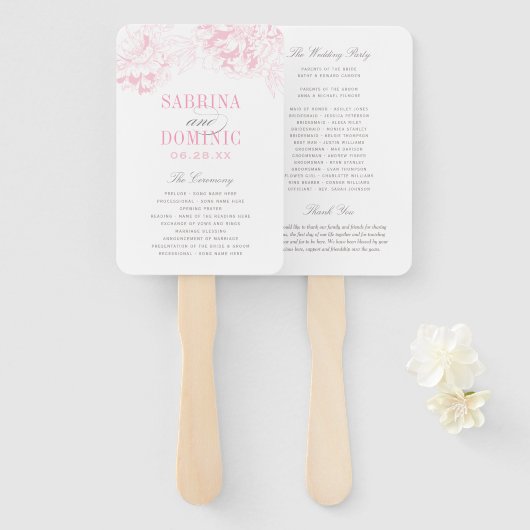 Éventail Élégant programme de mariage de pivoines florales  (Devant et derrière)