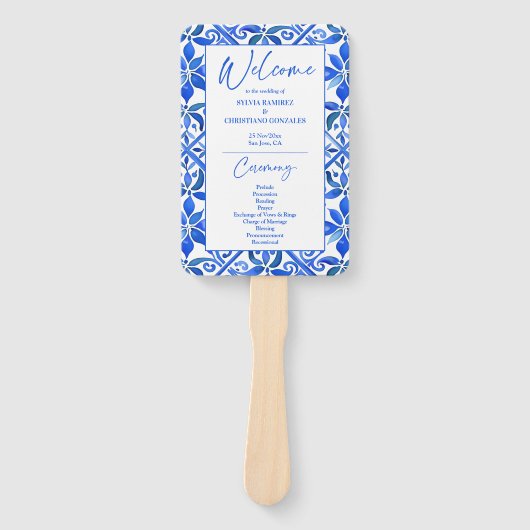 Éventail Élégant programme de mariage mexicain Talavera ble (Devant)