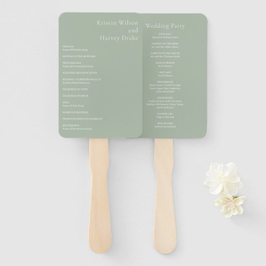 Éventail Élégant Programme de Mariage Moderne Vert Sauge (Devant et derrière)