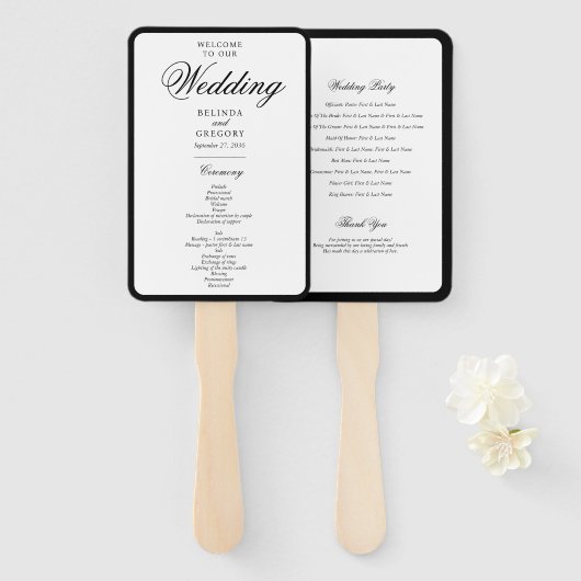 Éventail Élégant Programme de Mariage Monogramme Noir Blanc (Devant et derrière)