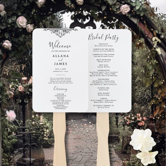 Éventail Élégant programme de mariage Monogramme noir et bl