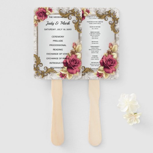 Éventail Élégant programme de mariage Roses rouges Ventilat (Devant et derrière)