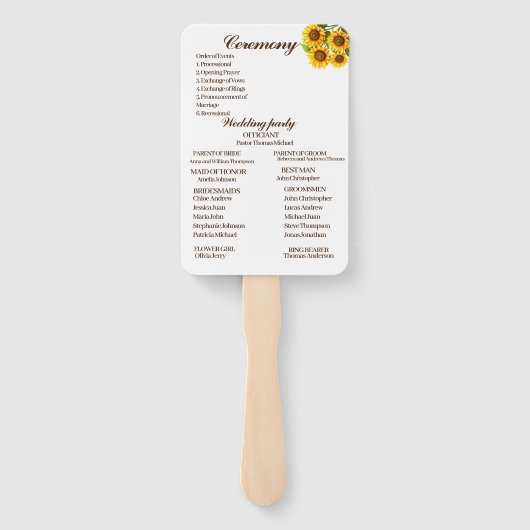 Éventail Élégant programme de mariage rustique de tournesol (Dos)