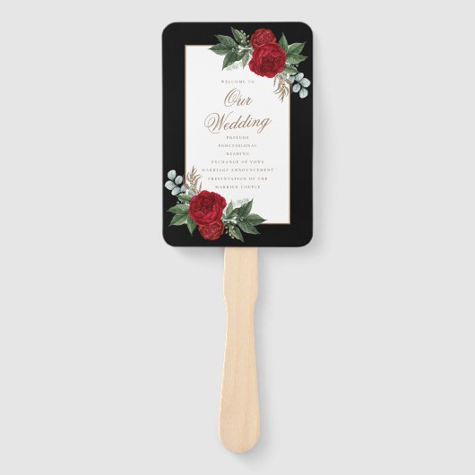 Éventail Élégant Red Floral Black & Gold Wedding Programme (Devant)