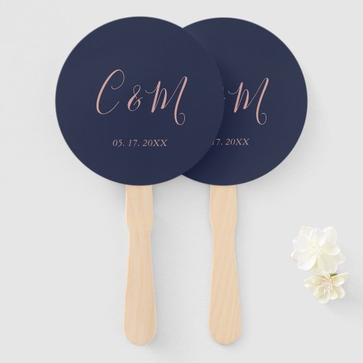 Éventail Élégant Rose Monogram Mariage de marine (Devant et derrière)