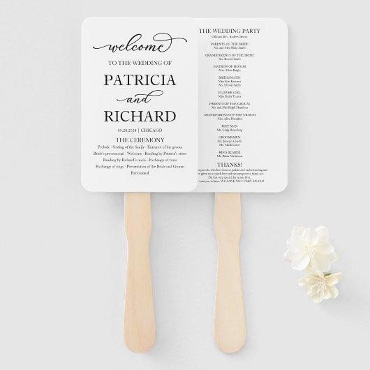 Éventail Élégant Script Black and White Wedding Programme (Devant et derrière)