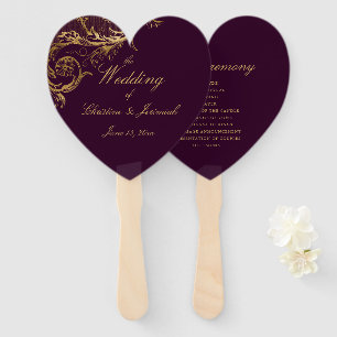 Éventail Élégant violet or Floral Damask Script Mariage