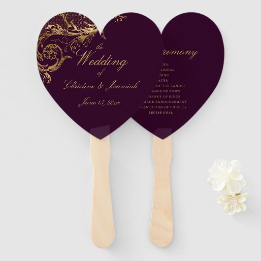 Éventail Élégant violet or Floral Damask Script Mariage (Devant et derrière)