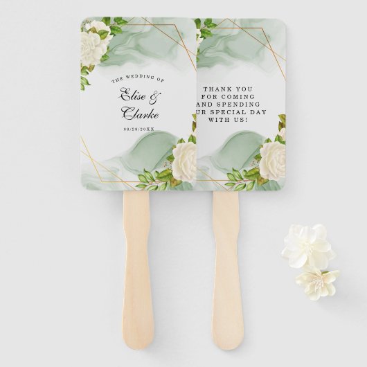 Éventail Elégante Aquarelle verte Roses blanches Mariage (Devant et derrière)