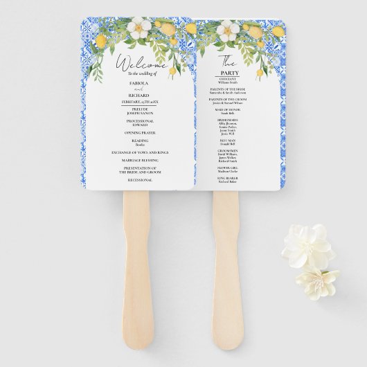 Éventail Elégante Carte du programme de mariage bleu médite (Devant et derrière)