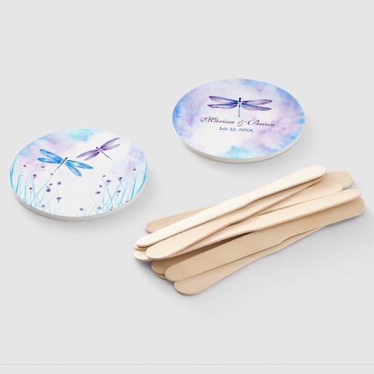 Éventail Elégante libellule d'aquarelle bleue et violette (Non-assemblé)