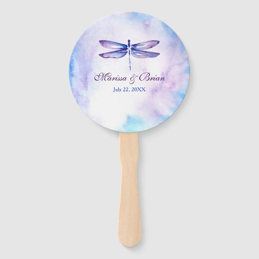 Éventail Elégante libellule d'aquarelle bleue et violette (Dos)