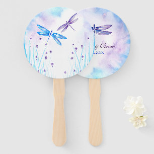Éventail Elégante libellule d'aquarelle bleue et violette