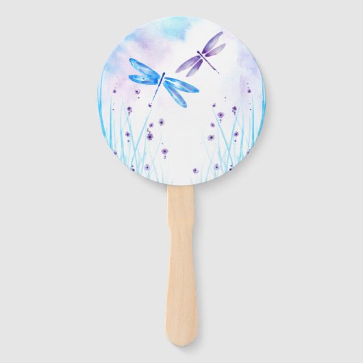 Éventail Elégante libellule d'aquarelle bleue et violette (Devant)