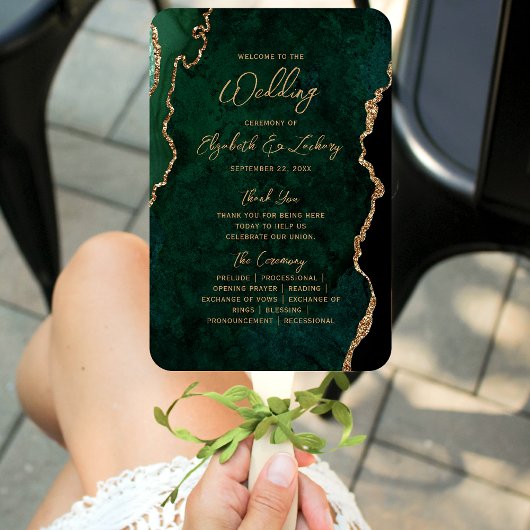 Éventail Emerald Green Gold Agate Script Wedding Programme