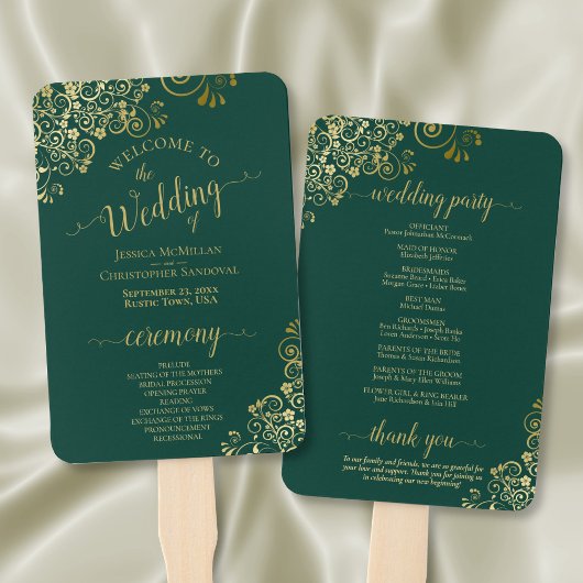 Éventail Emerald Green & Gold Lace Élégant programme de mar