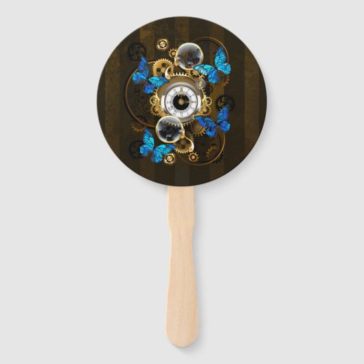 Éventail Engrenages à vapeur et papillons bleus (Devant)