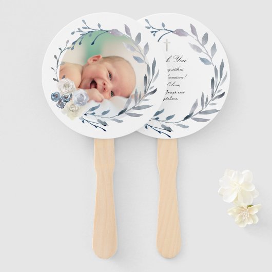 Éventail ensemble de dix cadre bleu aquarelle Baptême (Devant et derrière)