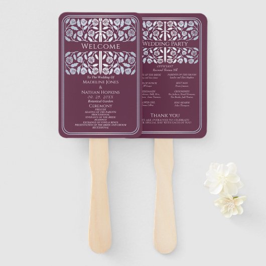 Éventail Épée argentée médiévale mauve programme de mariage (Devant et derrière)