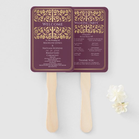 Éventail Épée dorée mauve médiévale Programme de mariage ro (Devant et derrière)