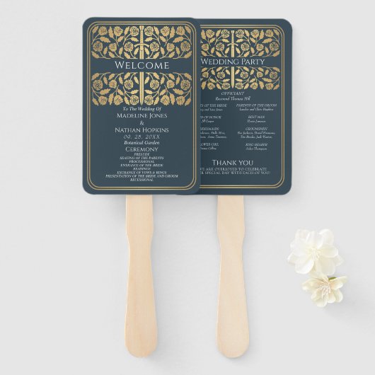 Éventail Épée dorée médiévale grise Programme de mariage ro (Devant et derrière)