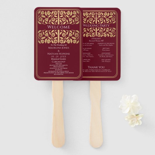 Éventail Épée dorée médiévale rouge Programme de mariage ro (Devant et derrière)
