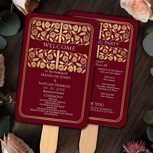 Éventail Épée dorée médiévale rouge Programme de mariage ro
