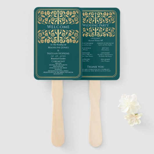 Éventail Épée dorée médiévale sarcelle Programme de mariage (Devant et derrière)