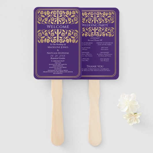 Éventail Épée dorée médiévale violette Programme de mariage (Devant et derrière)
