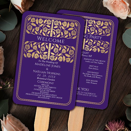 Éventail Épée dorée médiévale violette Programme de mariage