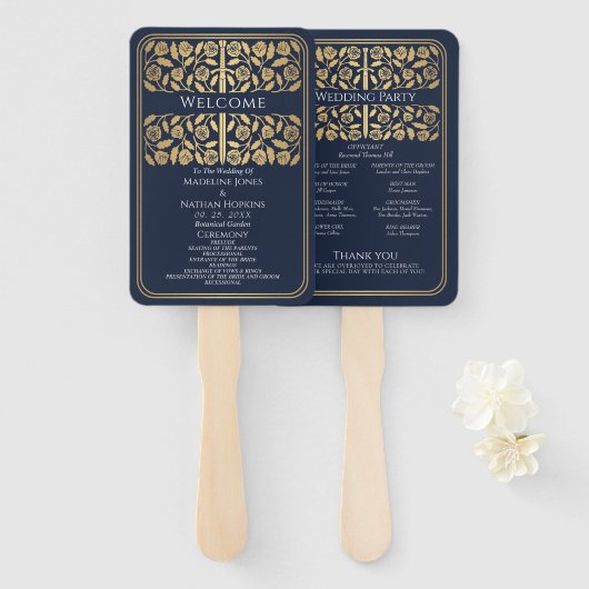 Éventail Épée Médiévale Bleue Or Programme de Mariage Royal (Devant et derrière)