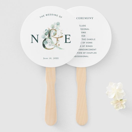 Éventail Eucalyptus Ampersand Gold Green Wedding Programme (Devant et derrière)