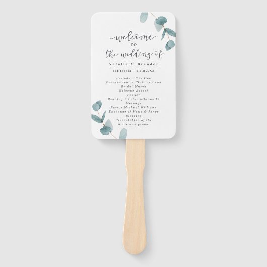 Éventail Eucalyptus et Calligraphie Mariage programme de cé (Devant)