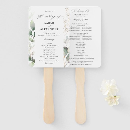 Éventail Eucalyptus Glow Gold Programme de mariage vert (Devant et derrière)