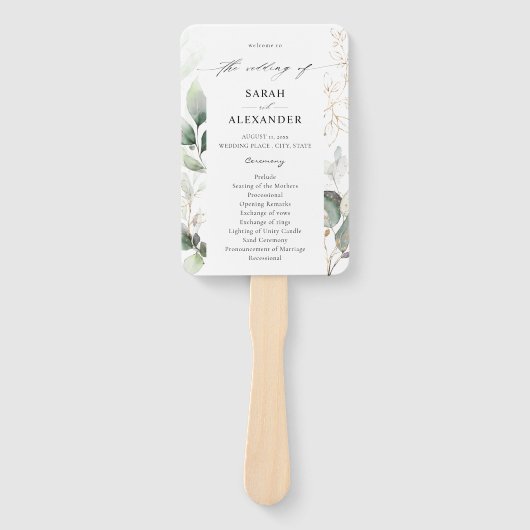 Éventail Eucalyptus Glow Gold Programme de mariage vert (Devant)