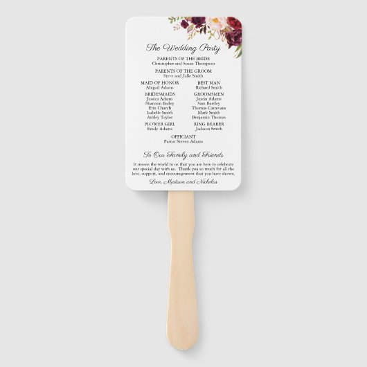 Éventail Fans du programme de mariage Marsala et rose Fleur (Dos)