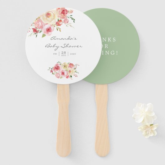 Éventail Fête de bébé florale rose et vert sauge (Devant et derrière)