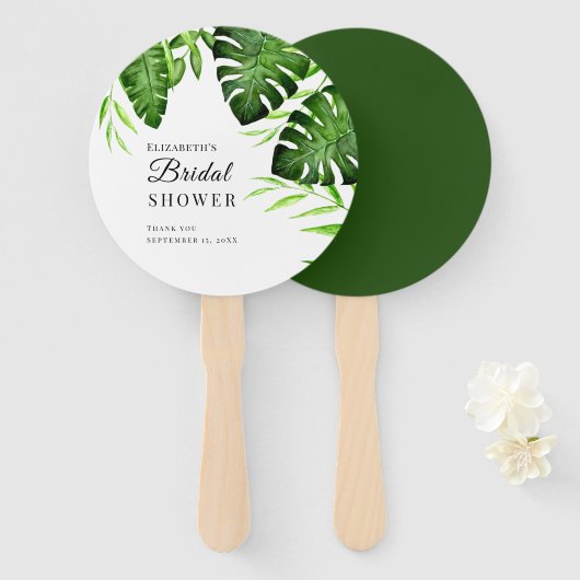 Éventail Fête des mariées tropicale Verdure Script Aquarell (Devant et derrière)