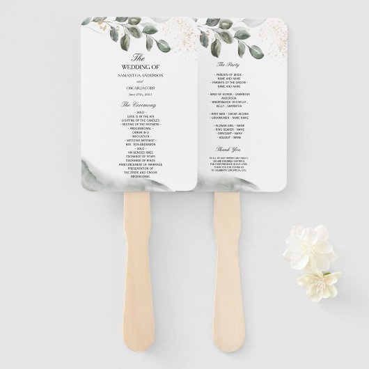 Éventail Feuille d'aquarelle verte douce | Poussière d'or (Devant et derrière)