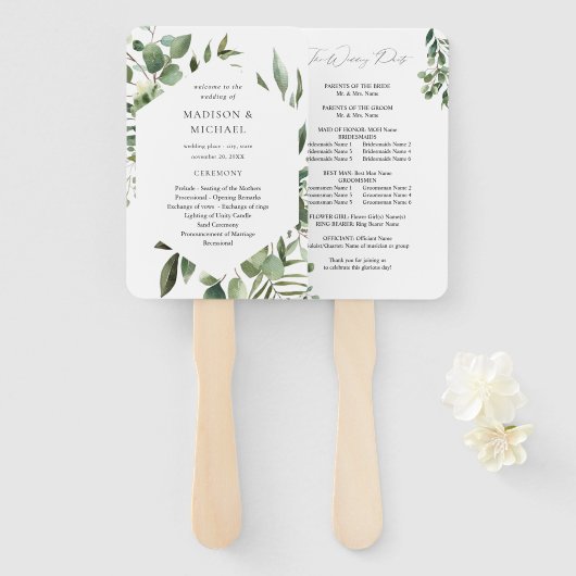 Éventail Feuilles & Eucalyptus Rustic Wedding Programme Ven (Devant et derrière)