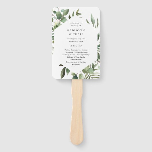 Éventail Feuilles & Eucalyptus Rustic Wedding Programme Ven (Devant)
