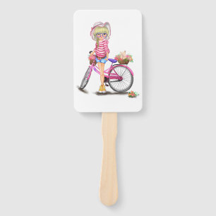 Éventail Fille Blonde mignonne avec Vélo rose et Chat en Fl