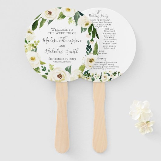 Éventail Fleur blanche et programme de mariage vert Ventila (Devant et derrière)