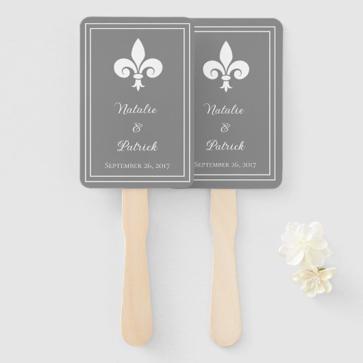Éventail Fleur de Lis Gris Mariage (Devant et derrière)
