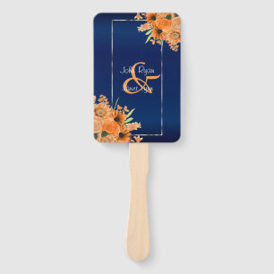 Éventail Fleurs assez oranges sur le bleu marine