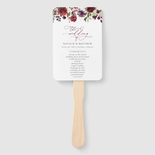 Éventail Fleurs Bourgognes, Fleurs Roses, Programme Mariage (Devant)